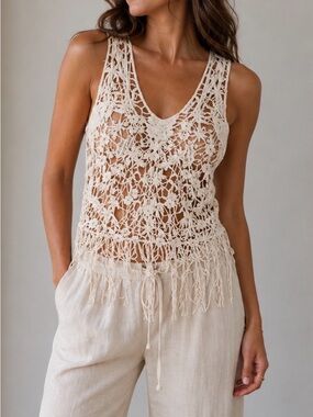Haute Society Cream Crochet Fringe Camisole